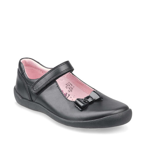 A girls Mary Jane school shoe by Start Rite, style Giggle, in black leather with velcro fastening. Angled view.