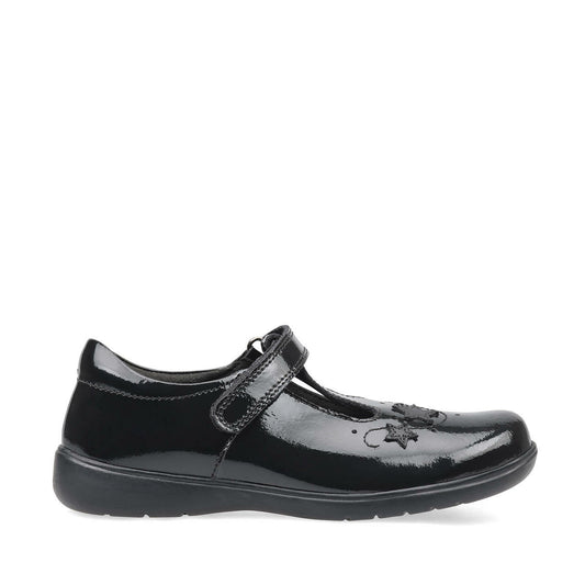 A girls school shoe by Start Rite, style Star Jump, in black patent with velcro fastening. Right side view.