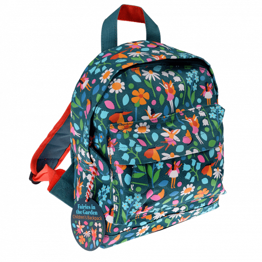 A girls backpack by Rex London, style Fairies in the Garden, in blue with multi coloured fairys and zip fastening.