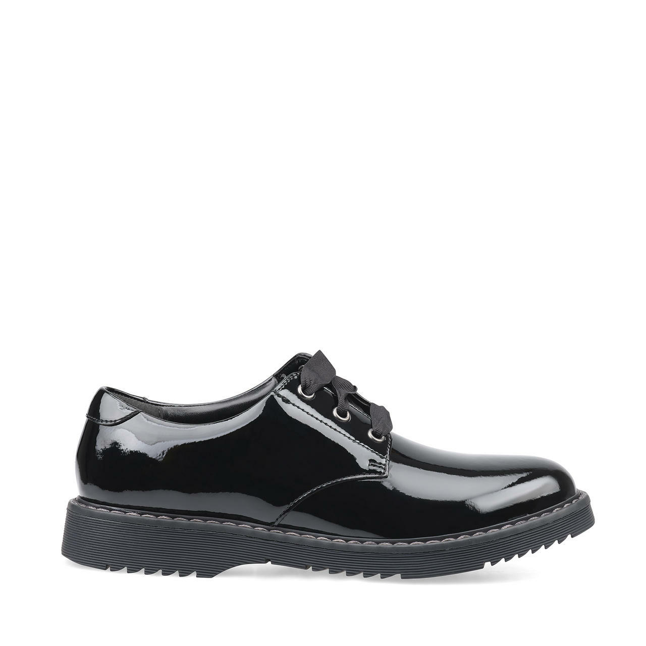 A girls chunky school shoe by Start-Rite Angry Angels, style Impact, in black patent leather with lace up fastening. Right side view.