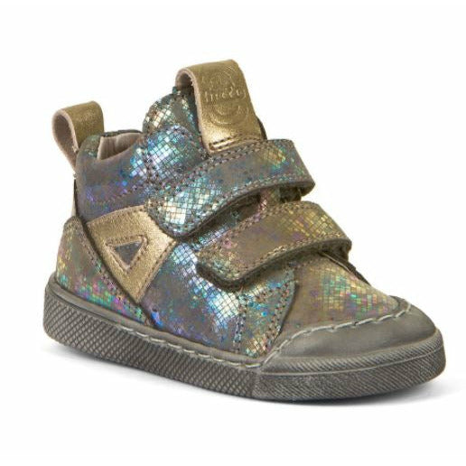 A girls casual ankle boot by Froddo, style Rosario, in iridescent silver with gold trim, toe bumper and double velcro fastening. Right side view. 