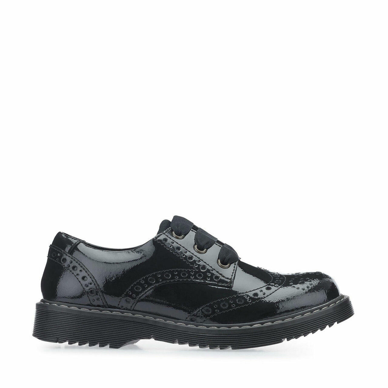 A girls school shoe by Start Rite, style Impulsive, in black patent with lace up fastening. Right side view.
