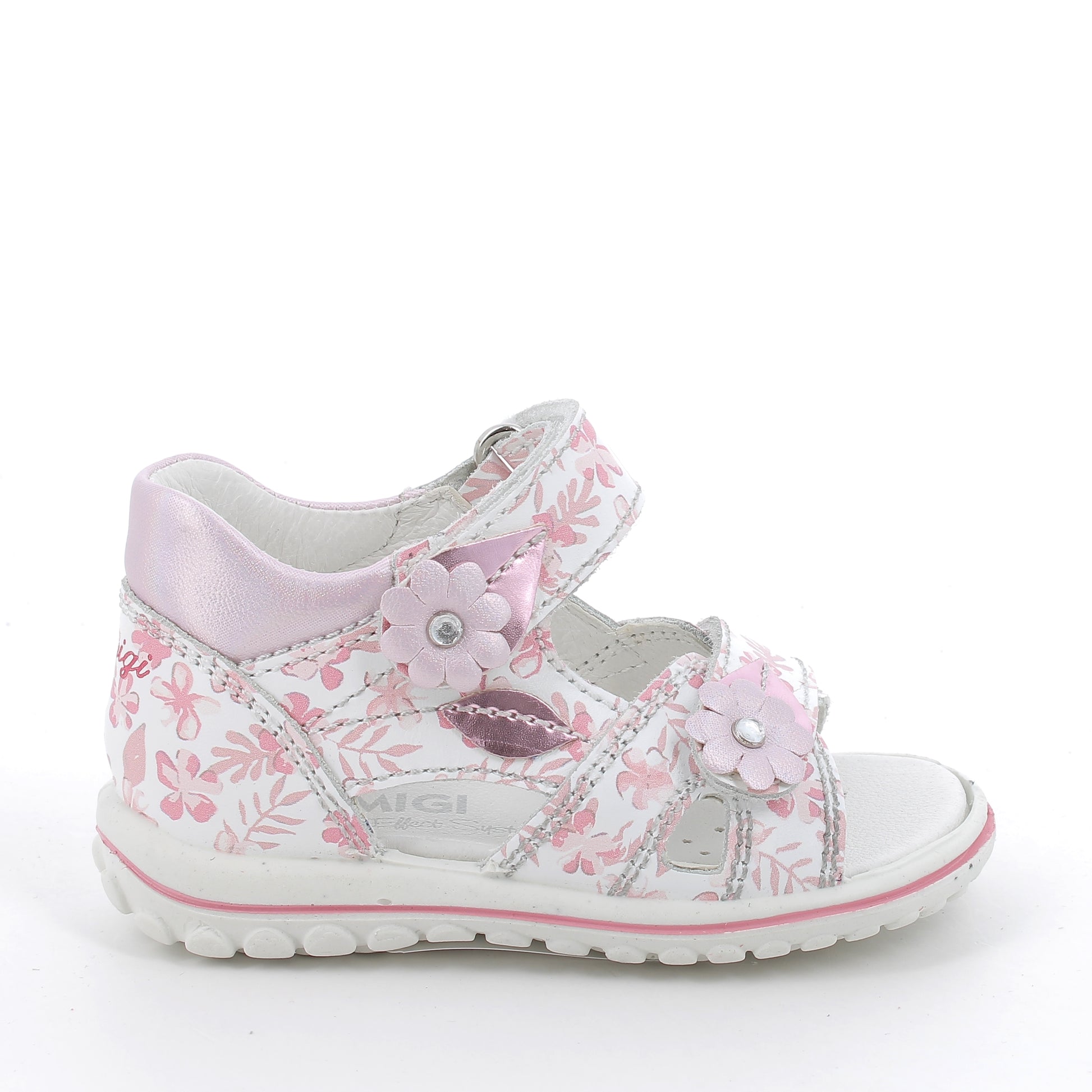 A girls open toe sandal by Primigi, style 3860900 Baby Sweet, in white and pink floral  leather with velcro fastening. Right side view.