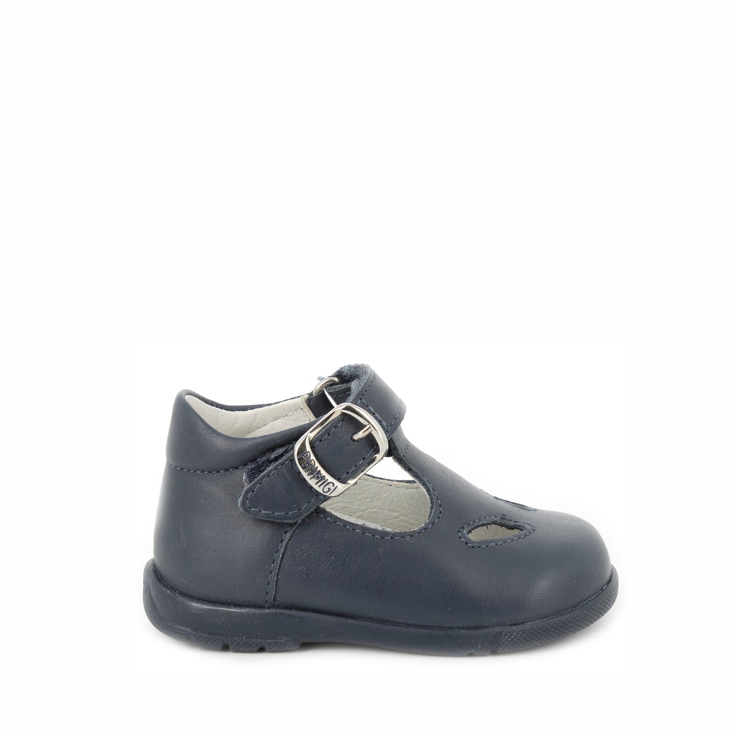 A unisex t-bar shoe by Primigi, style 3906611 Baby, in navy leather with buckle fastening. Right side view.