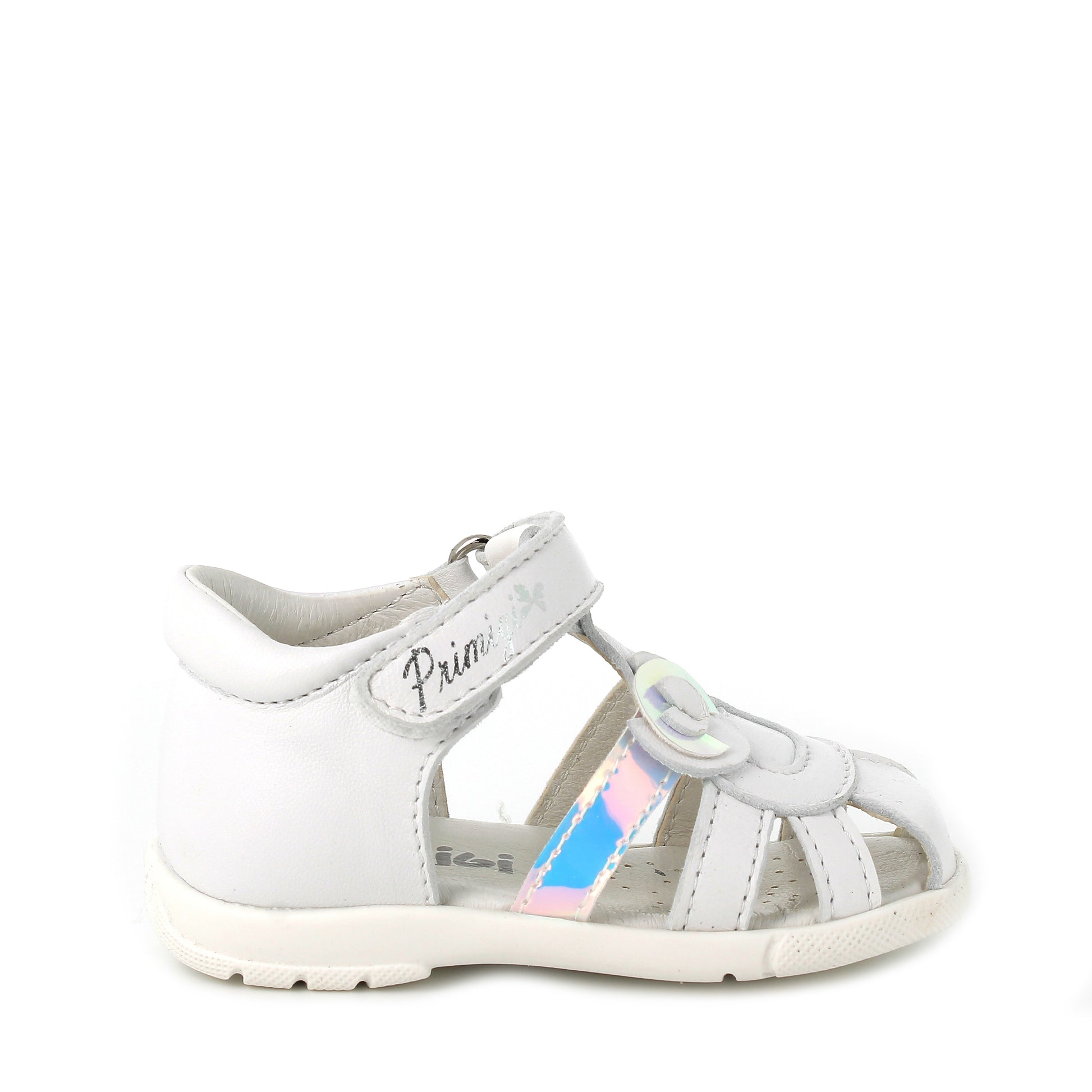 A girls closed toe sandal by Primigi, style 3906900 Baby, in white and silver leather with velcro fastening. Right side view.