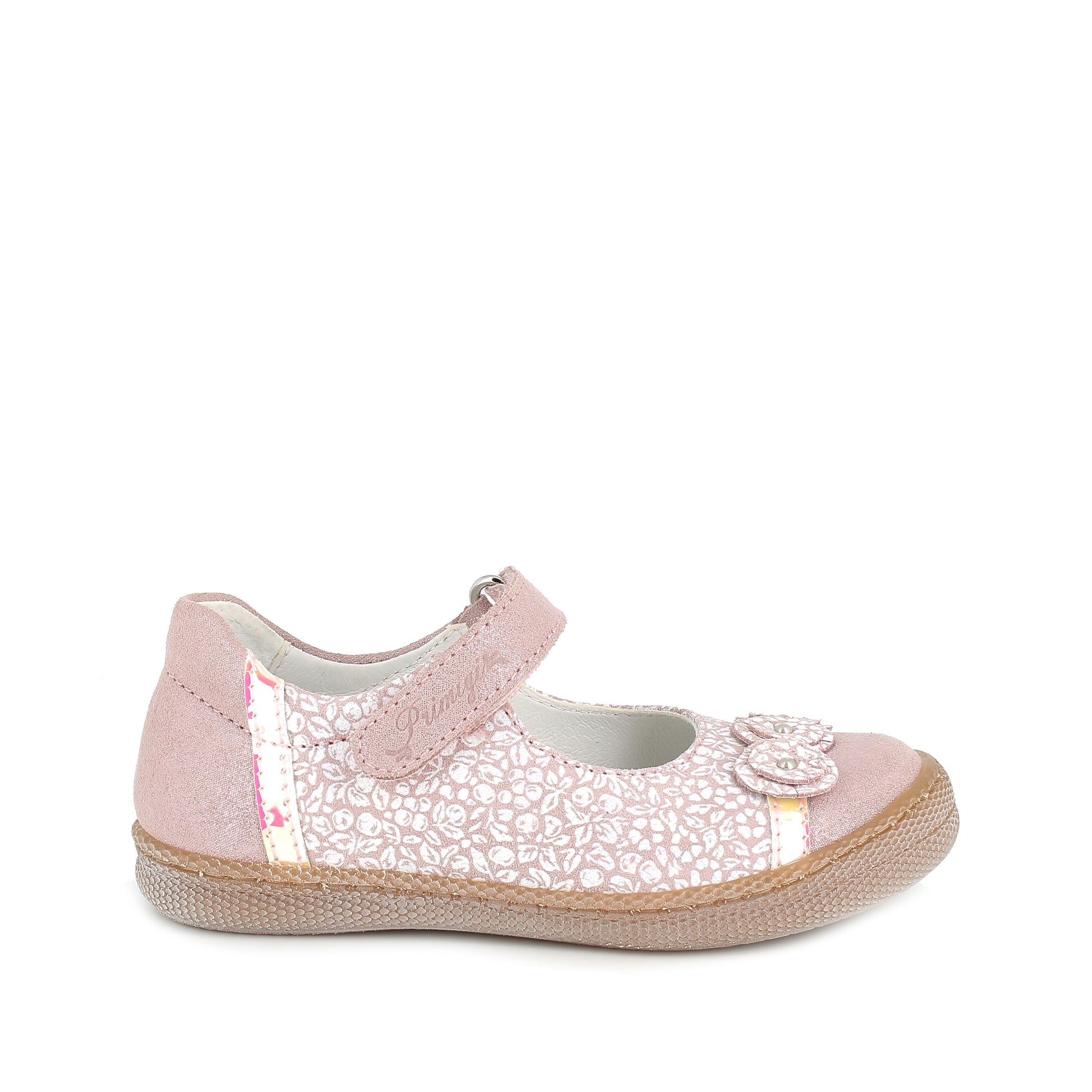 A girls Mary Jane shoe by Primigi, style 3916800, in pink/white floral print leather with velcro fastening. Right side view.