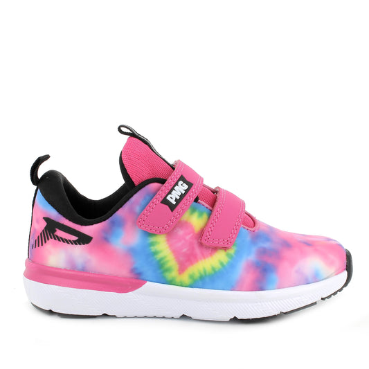 A girls trainer by Primigi, style 3957000, in pink multi tie dye fabric with double velcro fastening. Right side view.
