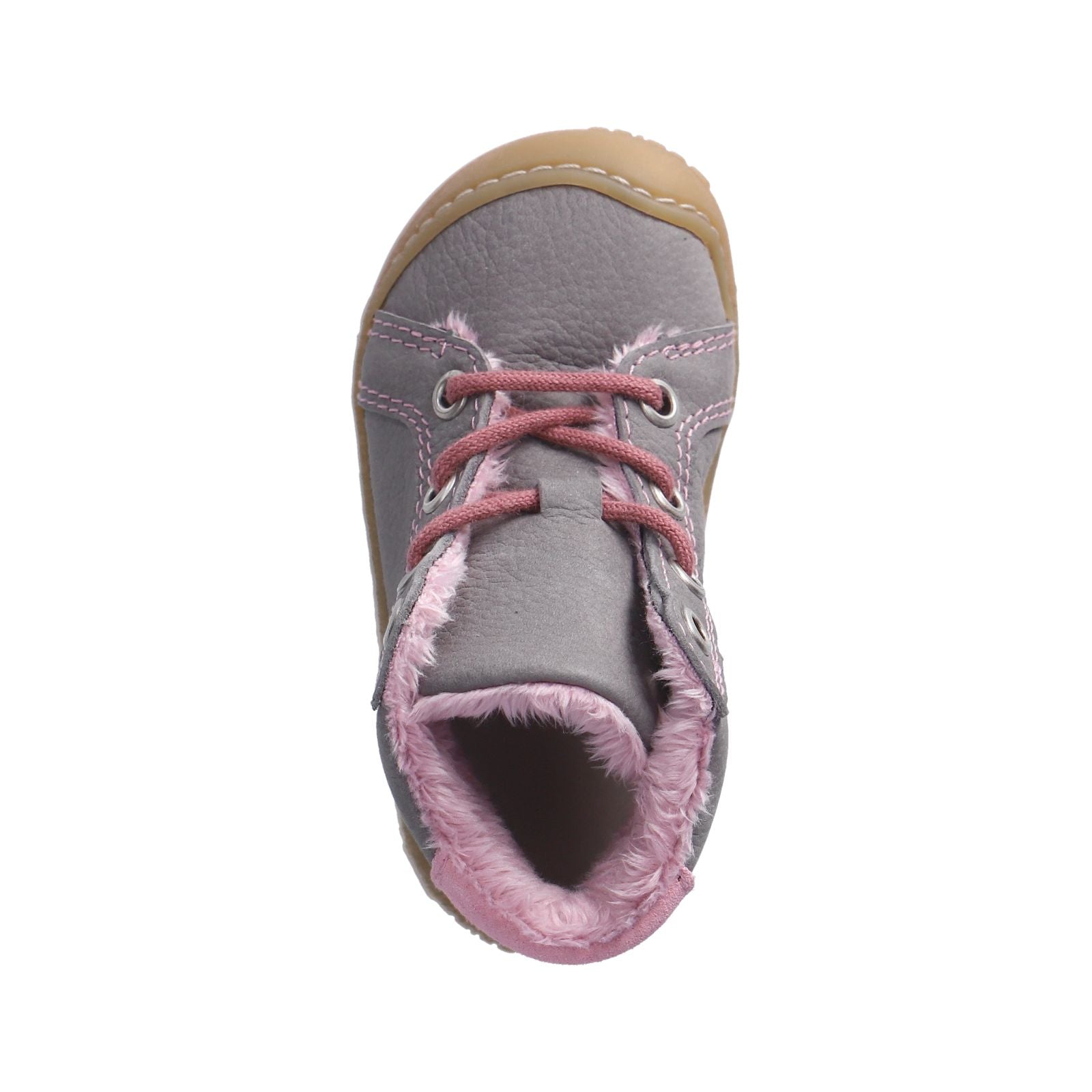 A girls ankle boot by Ricosta, style Georgie, in grey and pink leather with lace fastening. Above view.