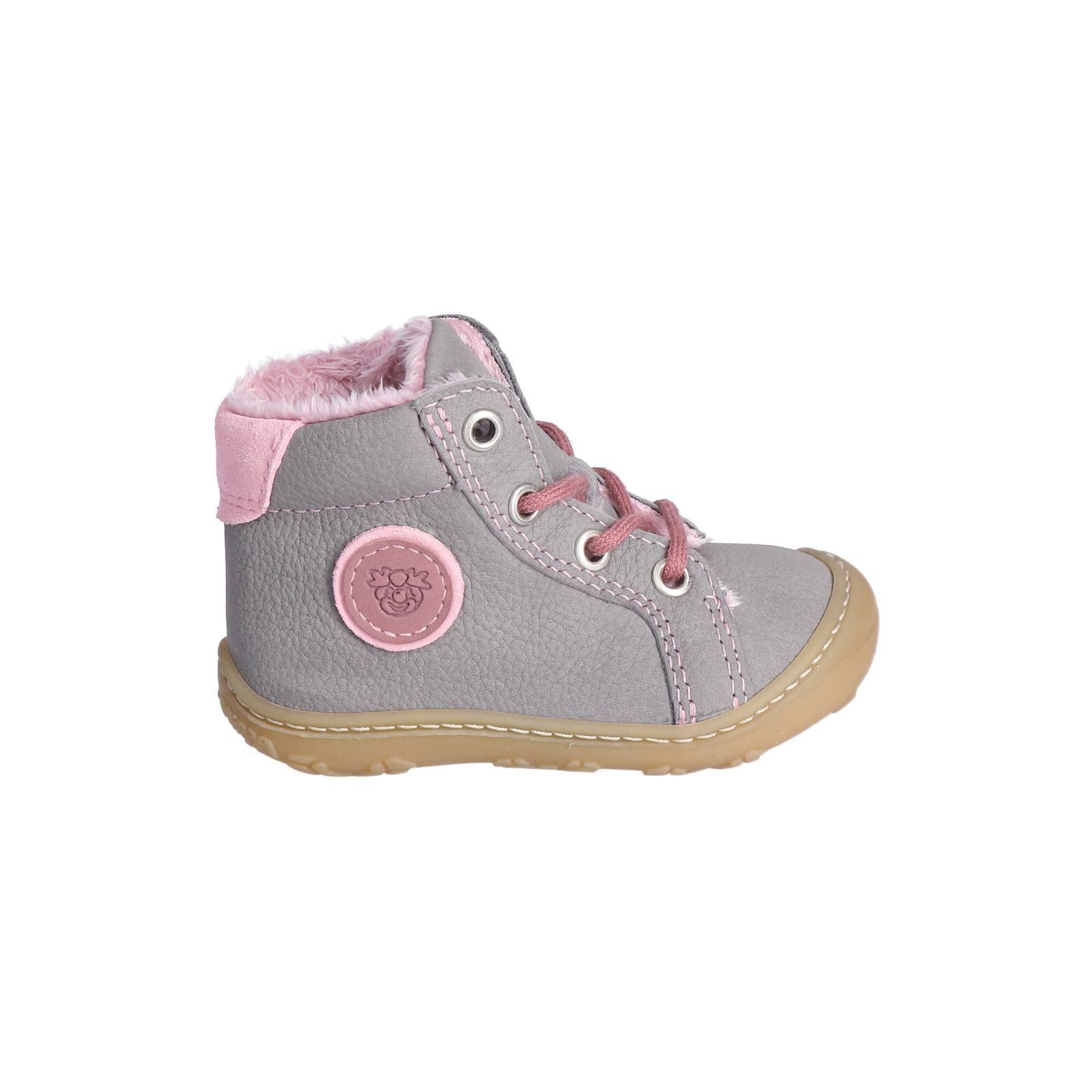 A girls ankle boot by Ricosta, style Georgie, in grey and pink leather with lace fastening. Right side view.