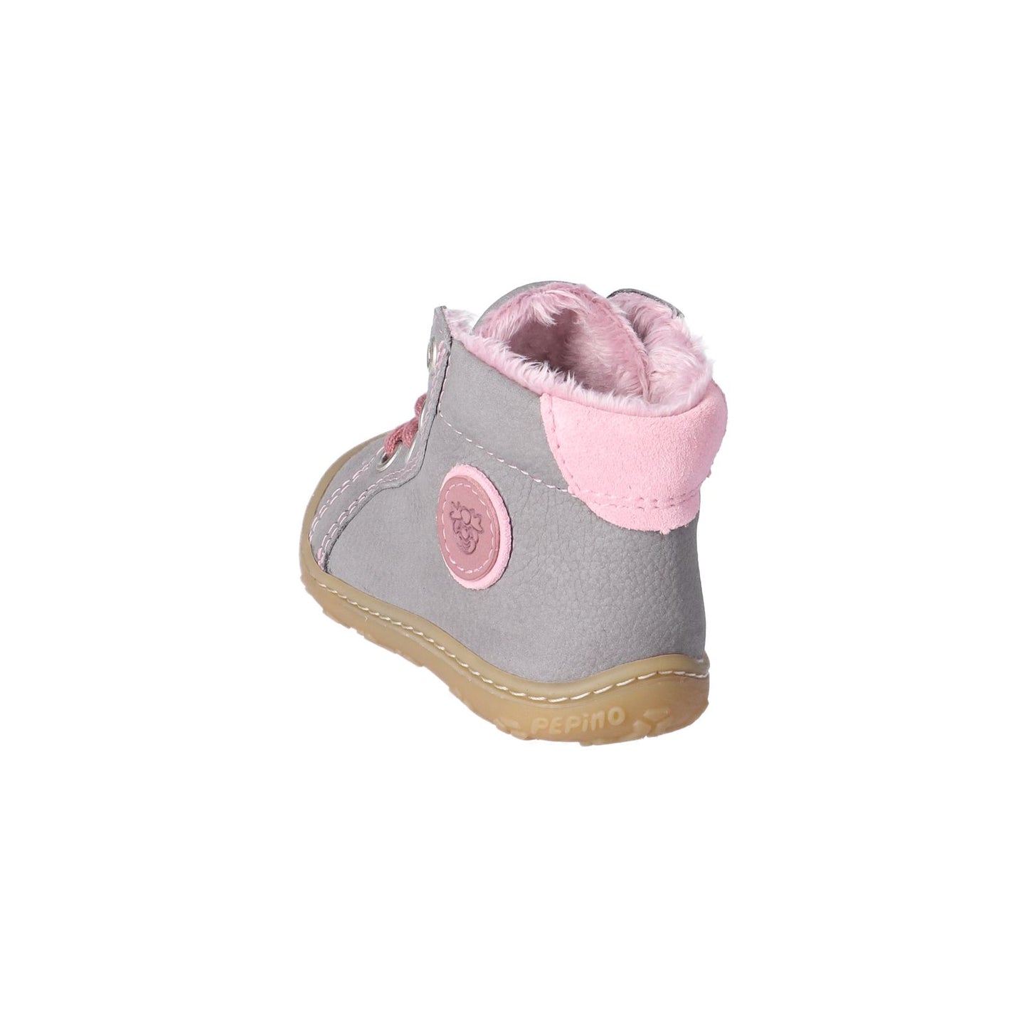 A girls ankle boot by Ricosta, style Georgie, in grey and pink leather with lace fastening. Angled view.