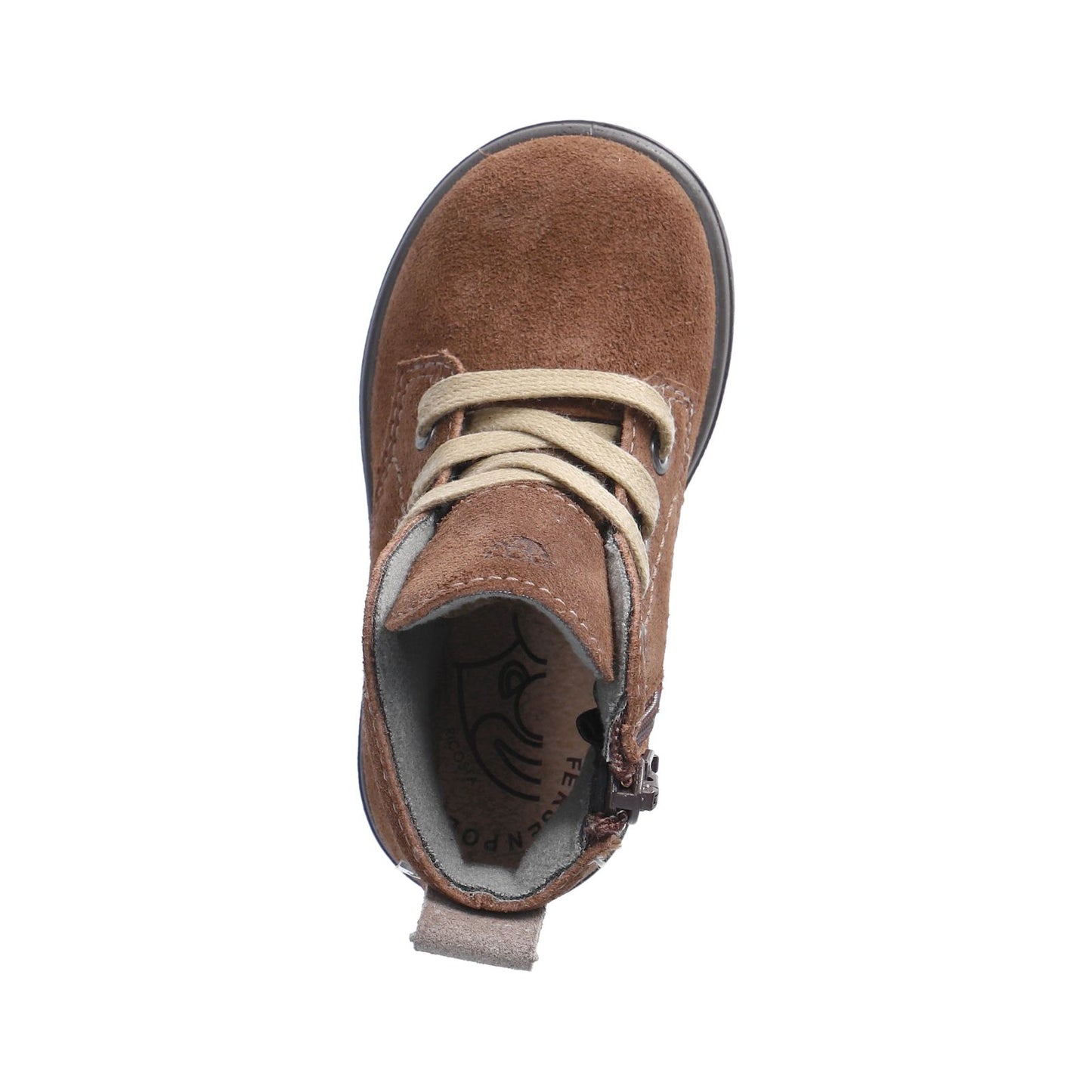 A unisex waterproof ankle boot by Ricosta, style Ilvy, in brown suede with lace and zip fastening. Above view.