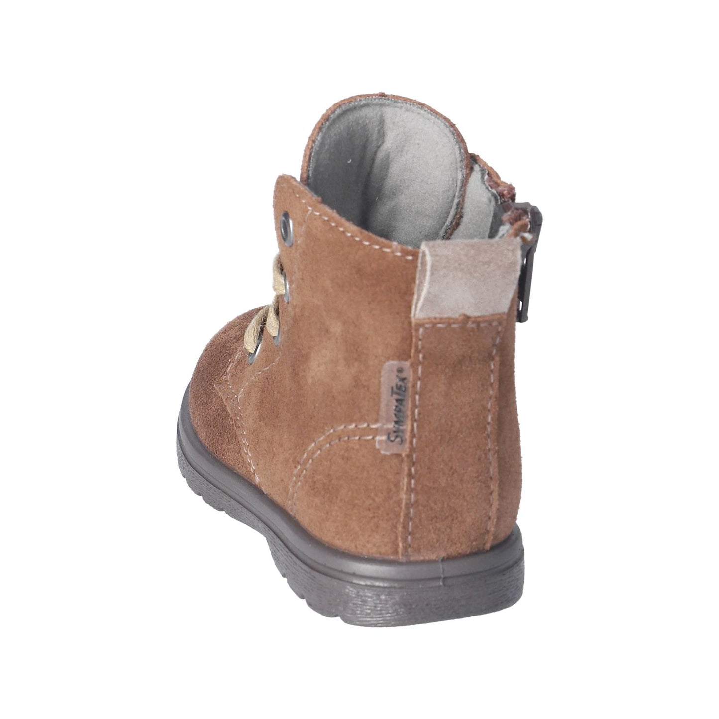 A unisex waterproof ankle boot by Ricosta, style Ilvy, in brown suede with lace and zip fastening. Angled view.