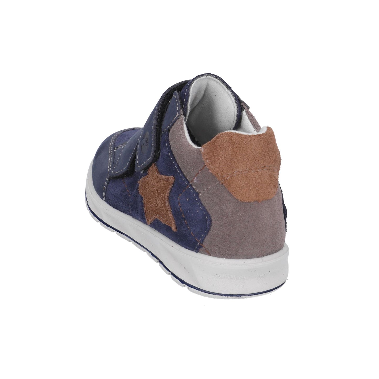 A boys waterproof ankle boot by Ricosta, style Kim, in navy ,tan and grey nubuck with double velcro fastening. Angled view.