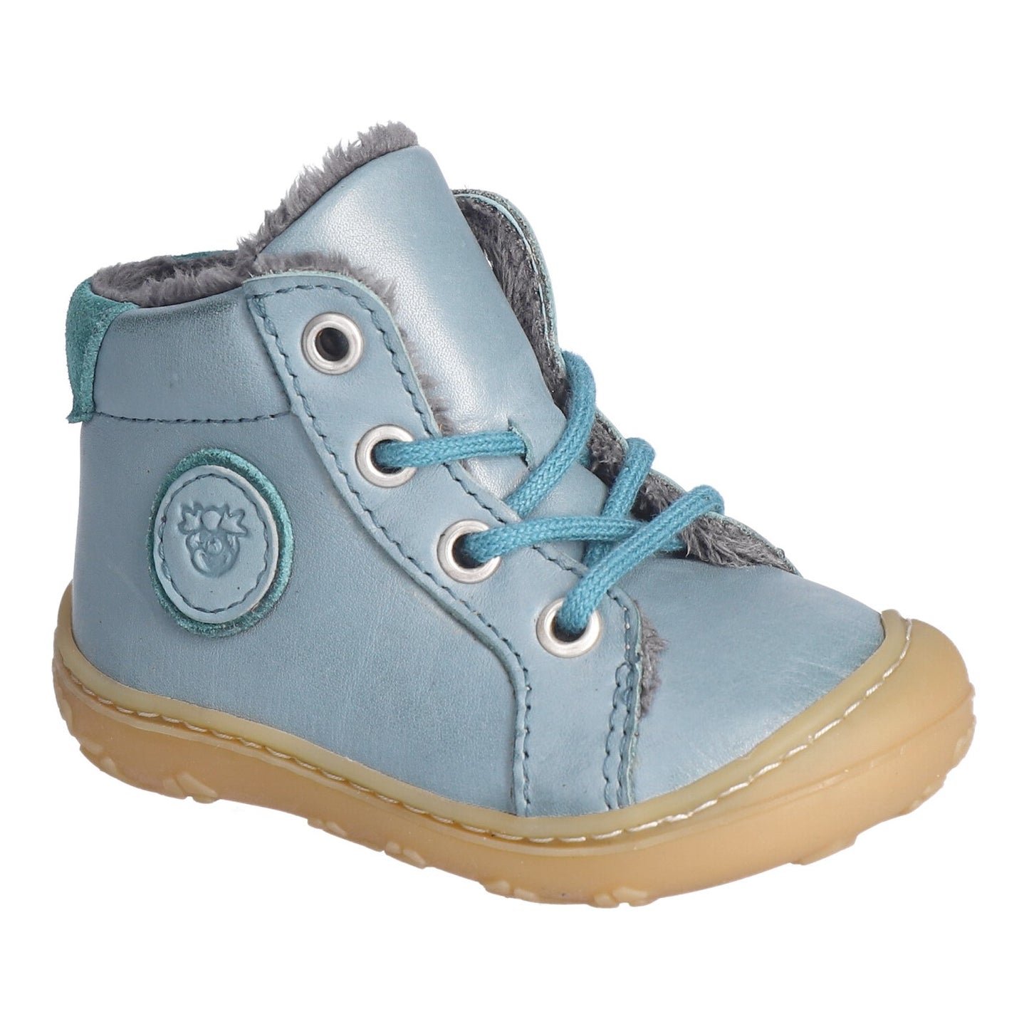 A unisex ankle boot by Ricosta, style Georgie, in teal leather with lace fastening. Right side view.