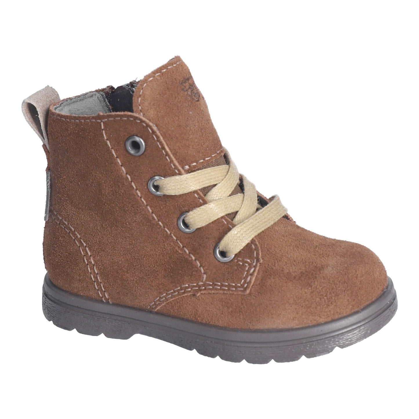 A unisex waterproof ankle boot by Ricosta, style Ilvy, in brown suede with lace and zip fastening. Right side view.