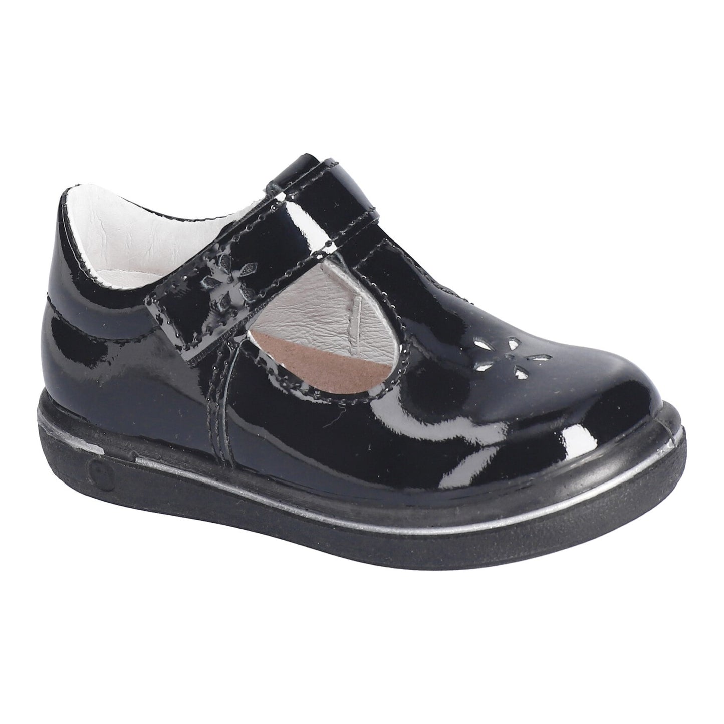 A girls T-Bar shoe by Ricosta, style Winona, in black patent with velcro fatening. Right side view.