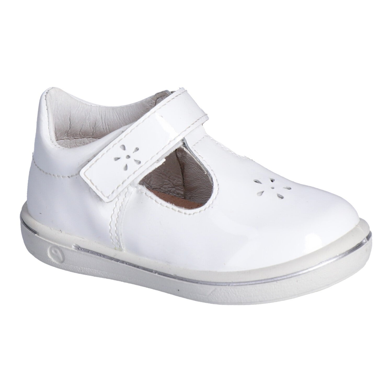 A girls T bar shoe by Ricosta, style Winona, in white patent leather with velcro fastening. Right side view.