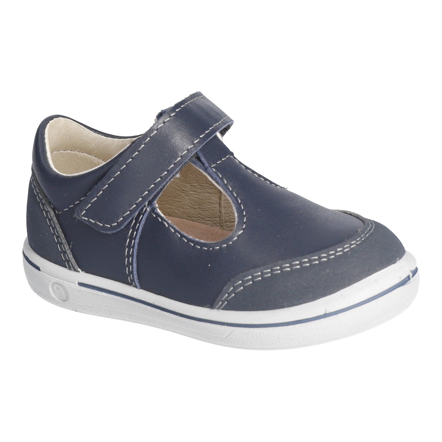 A unisex t bar shoe by Ricosta, style Winnie, in navy leather with velcro fastening. Right side view.