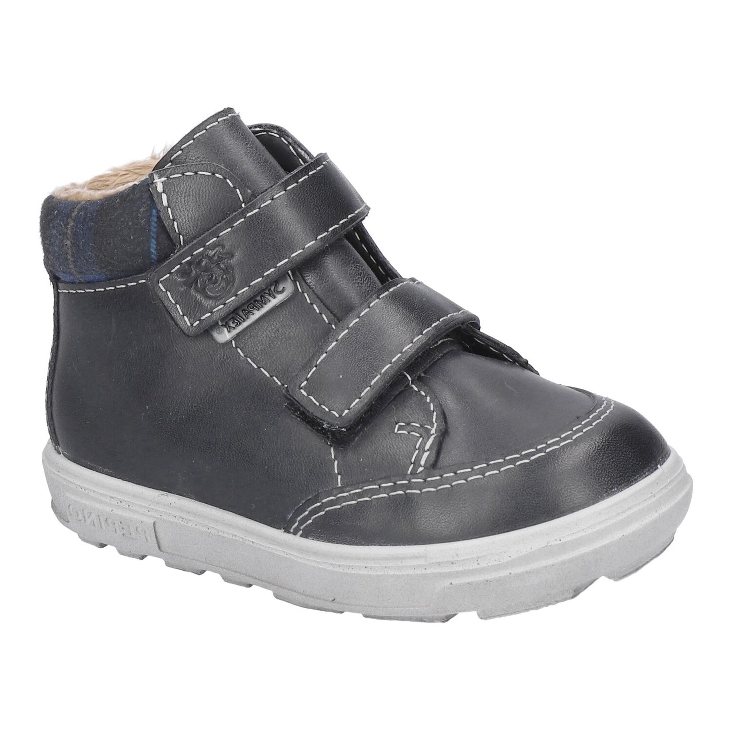 A boys waterproof ankle boot by Ricosta, style Basti, in navy leather with double velcro fastening. Right side view.