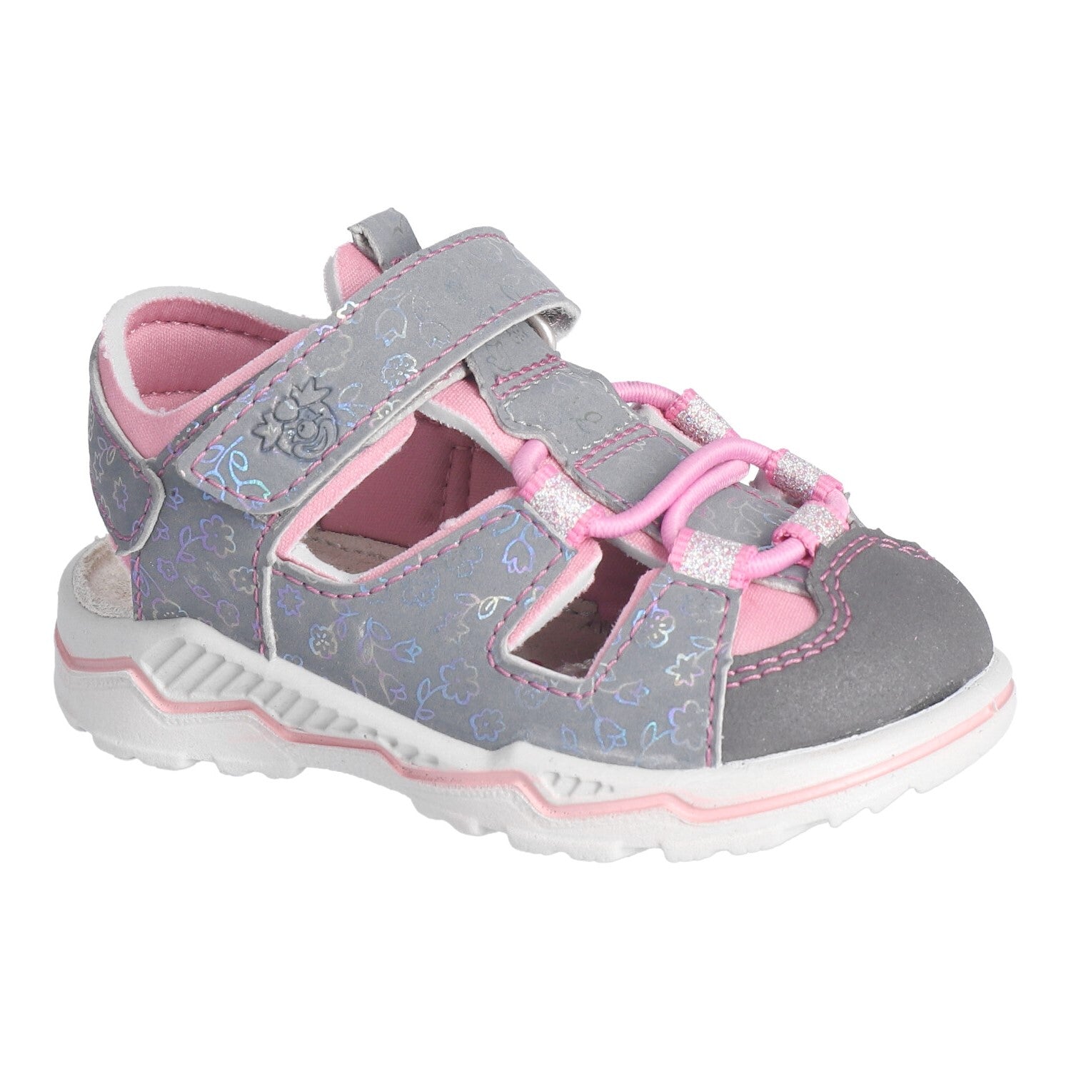 A girls closed toe sandal by Ricosta,style Gery,in grey and pink nubuck with velcro fastening. Right side view.
