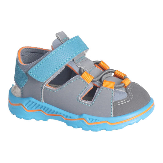 A boys closed toe sandal by Ricosta,style Geru, in grey nubuck with aqua sole and velcro fastening.Right side view