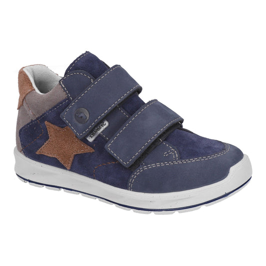A boys waterproof ankle boot by Ricosta, style Kim, in navy ,tan and grey nubuck with double velcro fastening. Right side view.