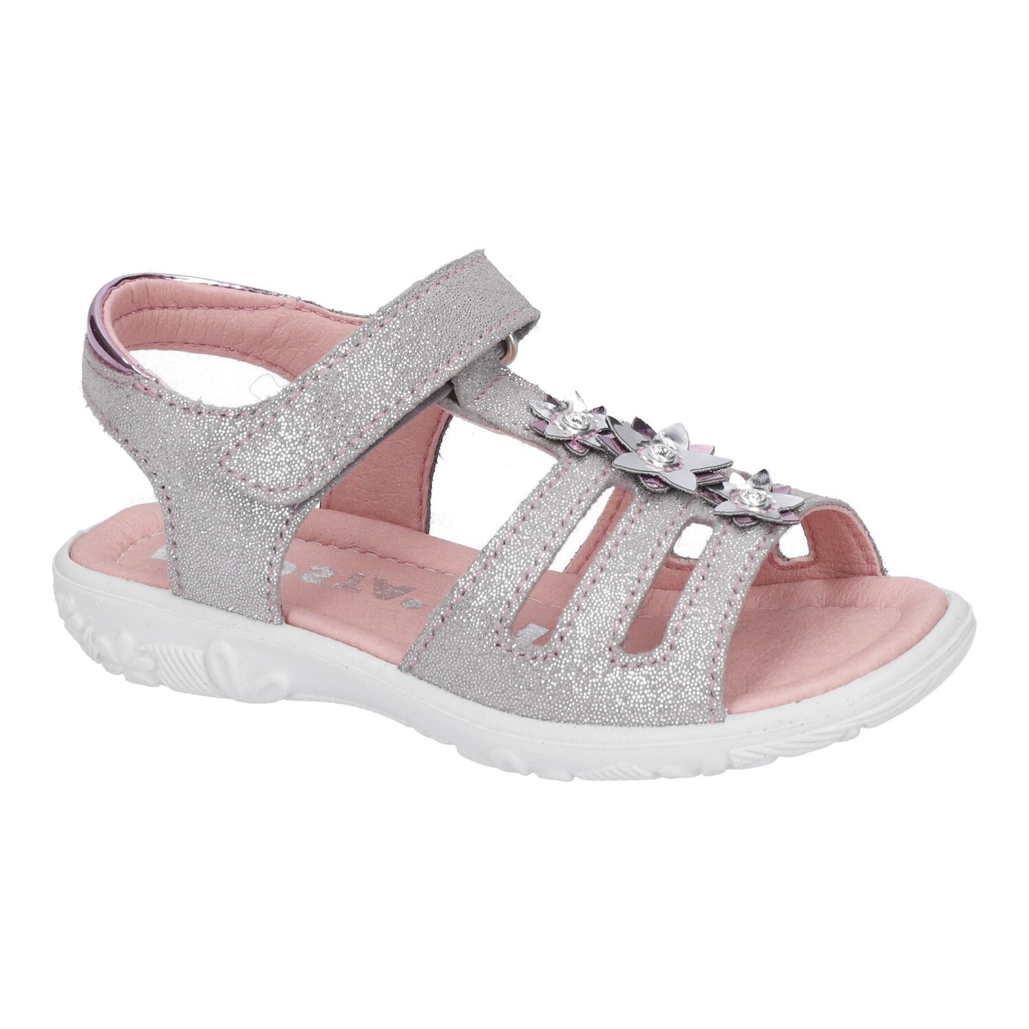 A girls open toe sandal by Ricosta,style Cleo, in silver leather with velcro fastening. Right side view.