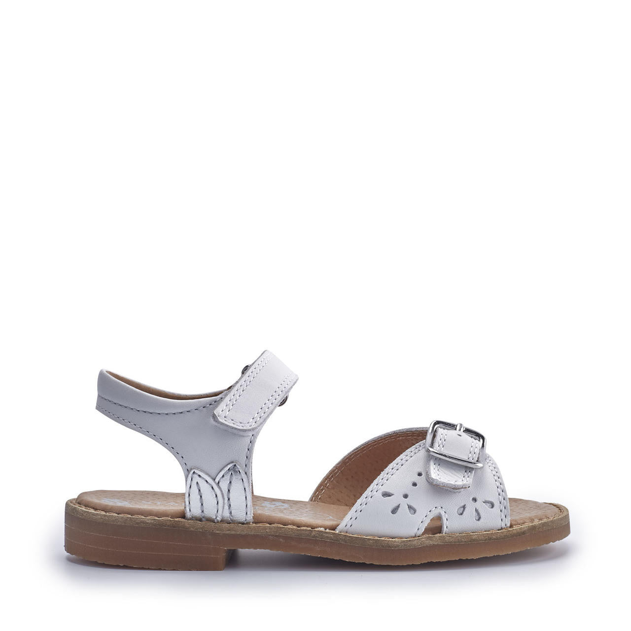 A girls open toe sandal by Start Rite, style Holiday in white leather with Velcro fastening. Right side view.