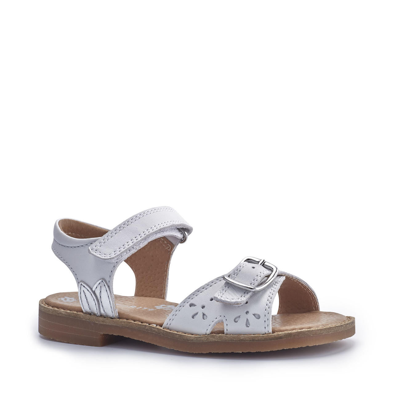 A girls open toe sandal by Start Rite, style Holiday in white leather with Velcro fastening. Angled view.
