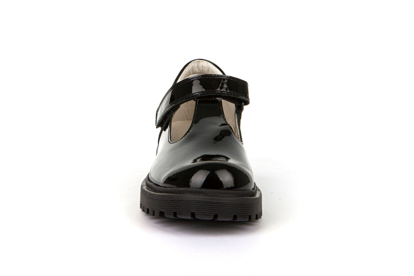 A girls T-Bar school shoe by Froddo, style Lea T, in black patent with velcro fastening. Front view.
