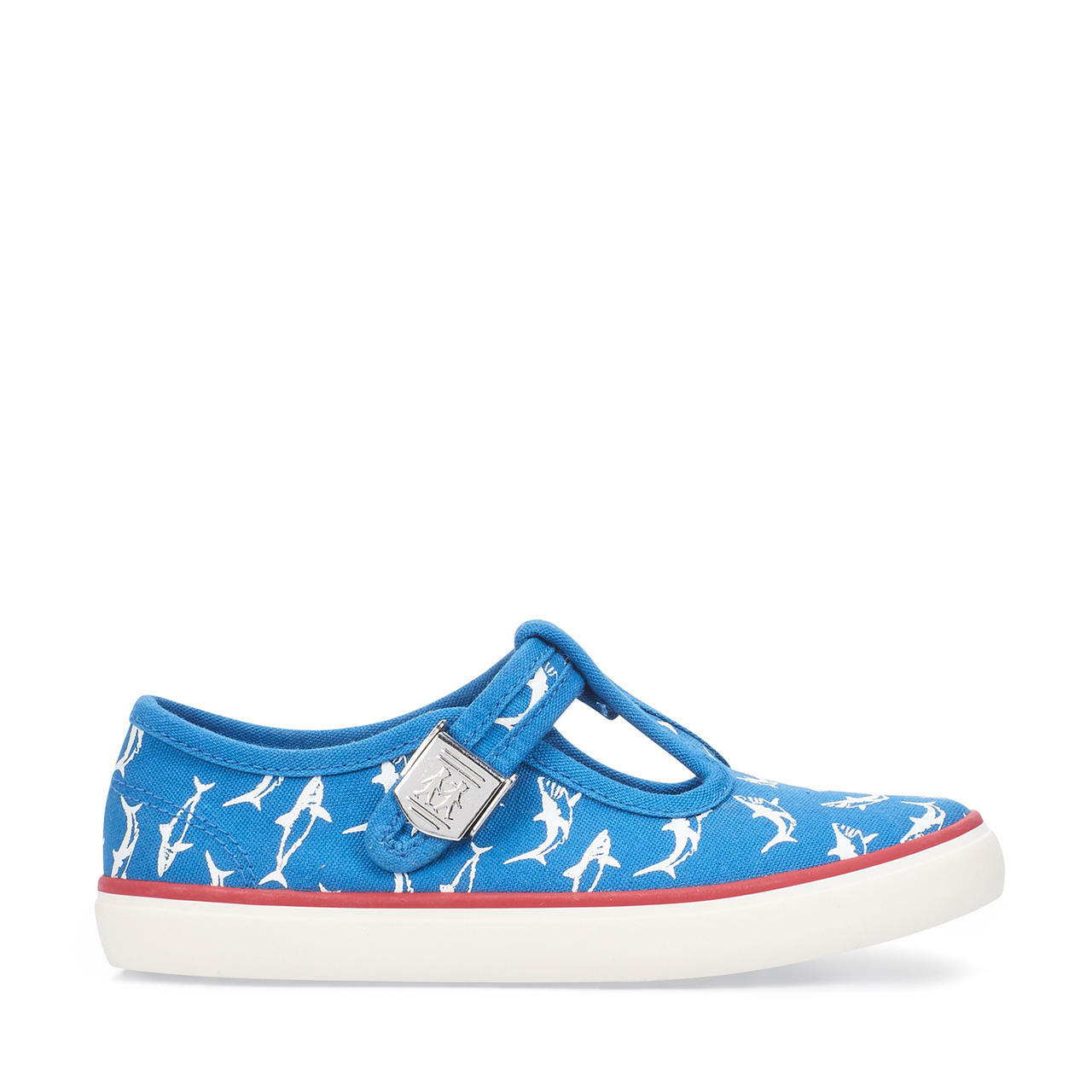 A boys canvas T-Bar shoe by Start Rite, style Surf, in blue with white shark print and buckle fastening.Right side view. 