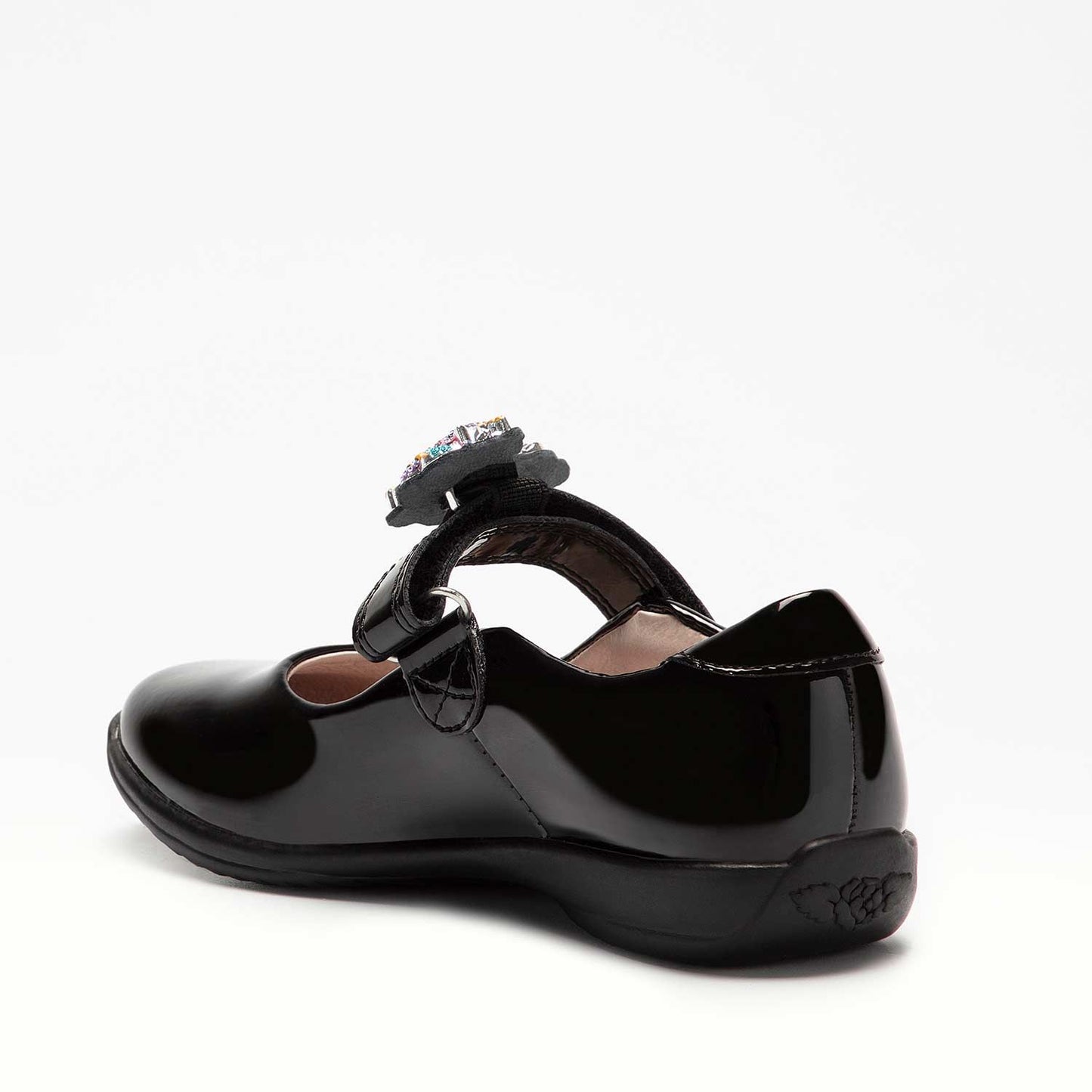 A girls Mary jane school shoe by Lelli Kelly, style Bella 2, in black patent with velcro fastening. Inner side view.