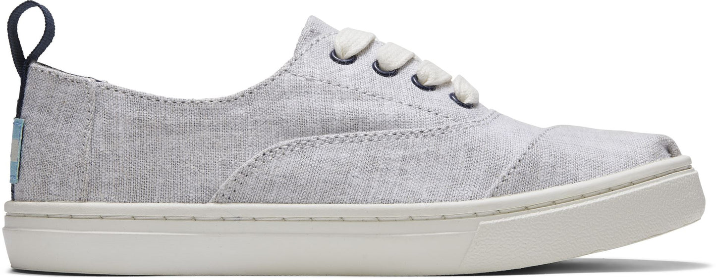 A unisex canvas shoe by TOMS, style Cordones Cupsole, a lace-up in grey. Right side view.