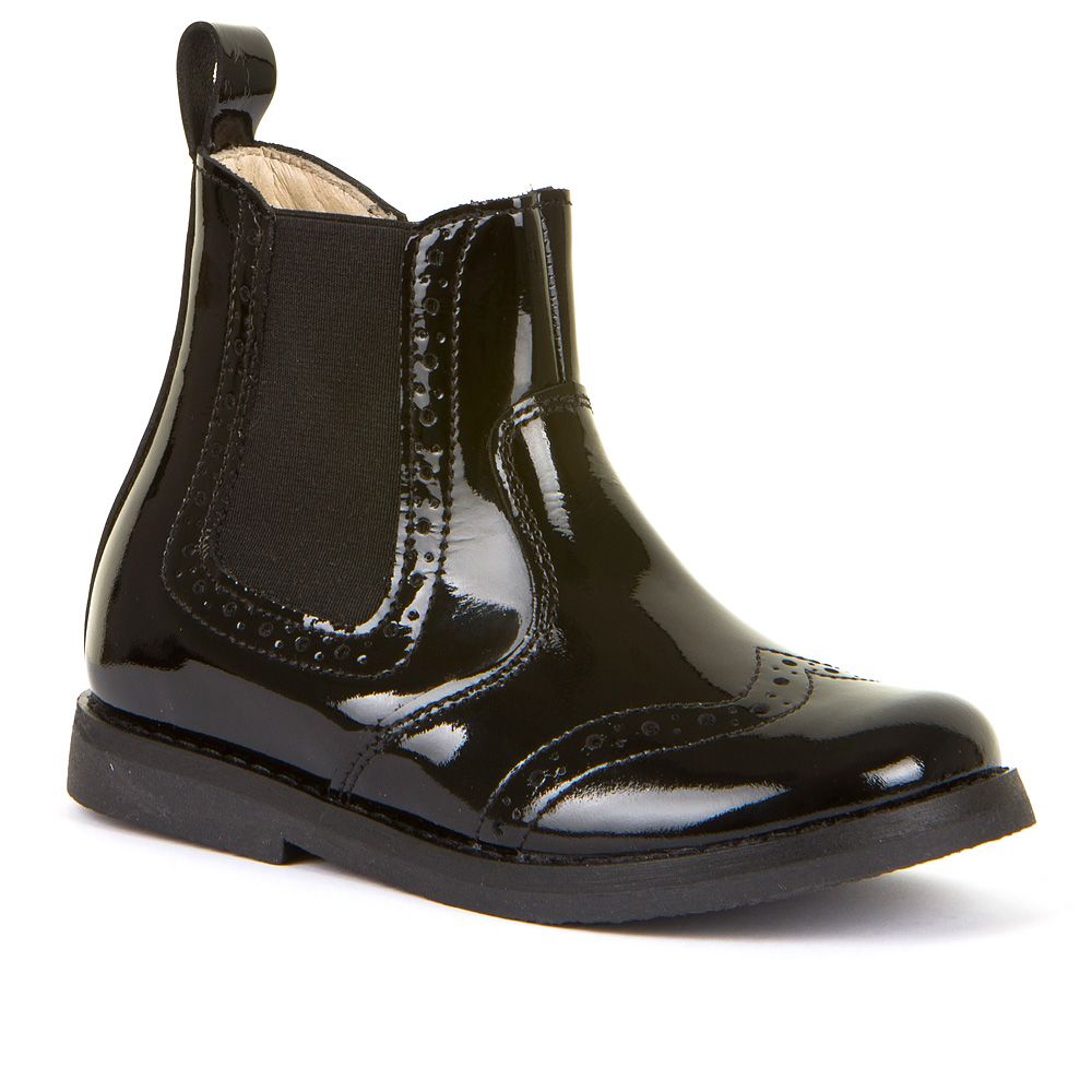 A girls black patent Chelsea Boot by Froddo, style G3160061-1 Chelys,in Black patent with elastic gusset and zip fastening. Angled view.