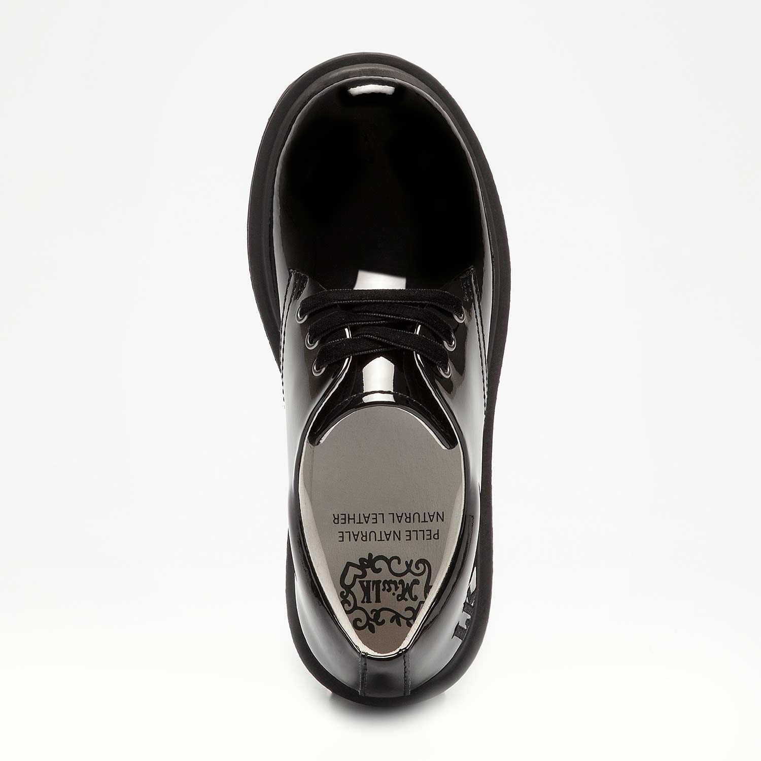 A girls school shoe by Lelli Kelly, style Elaine, in black patent with lace fastening. Above view.