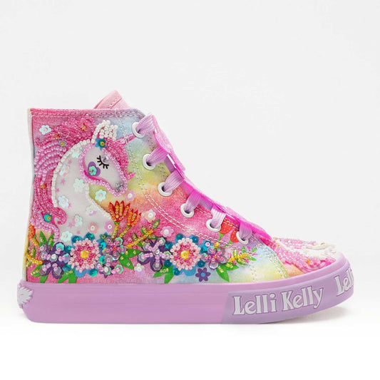 A girls hi top boot by Lelli Kelly, style Unicorn, in pink multi with zip and lace fastening. Right side view.