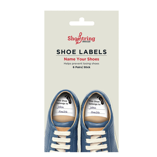 1 pack of 6 pairs of shoe labels by Shoe String. Above view.
