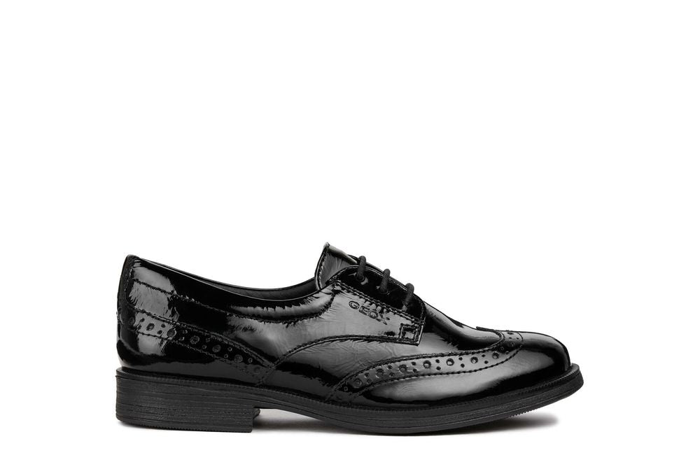 A girls smart school shoe by Geox,style JR Agata, in black patent with lace fastening. Right side view.