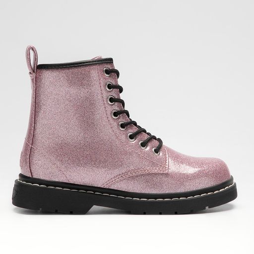 A girls chunky ankle boot by Lelli Kelly, style LKHG7502 Emma , in pink glitter patent leather. Lace and zip fastening. Right side view. 