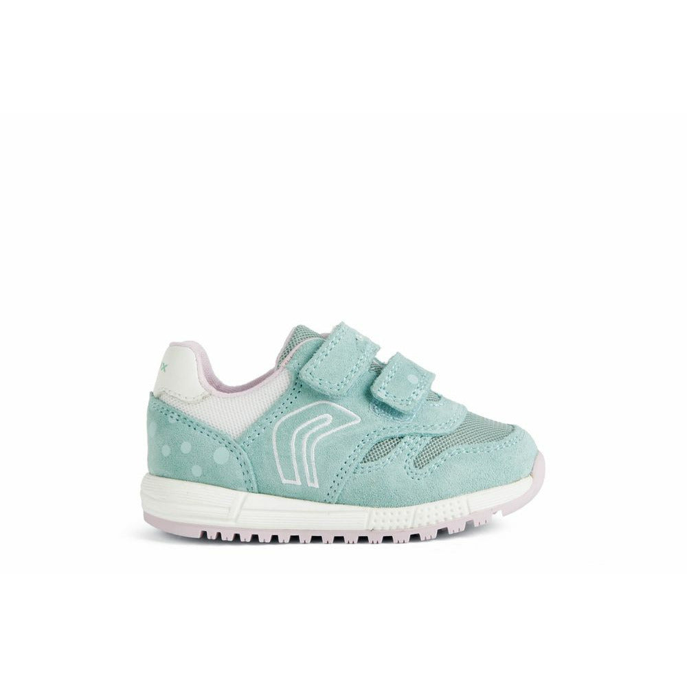 A girls casual trainer by Geox, style Alben ,in blue with velcro fastening. Right side view.