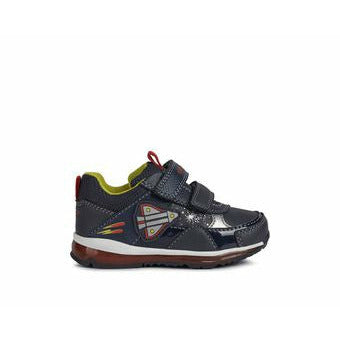 A boys light up trainer by Geox, style Todo, in navy multi with double velcro fastening. Right side view.