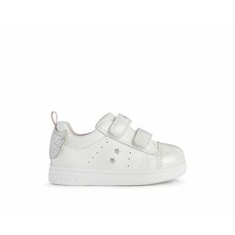 A girls casual trainer by Geox, style DJ Rock, in white and silver with double velcro fastening. Right side view.