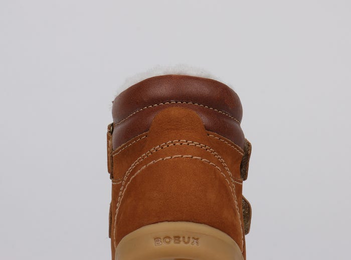 A boys winter boot by Bobux,style Timber Arctic,in tan with double velcro fastening. Back view.