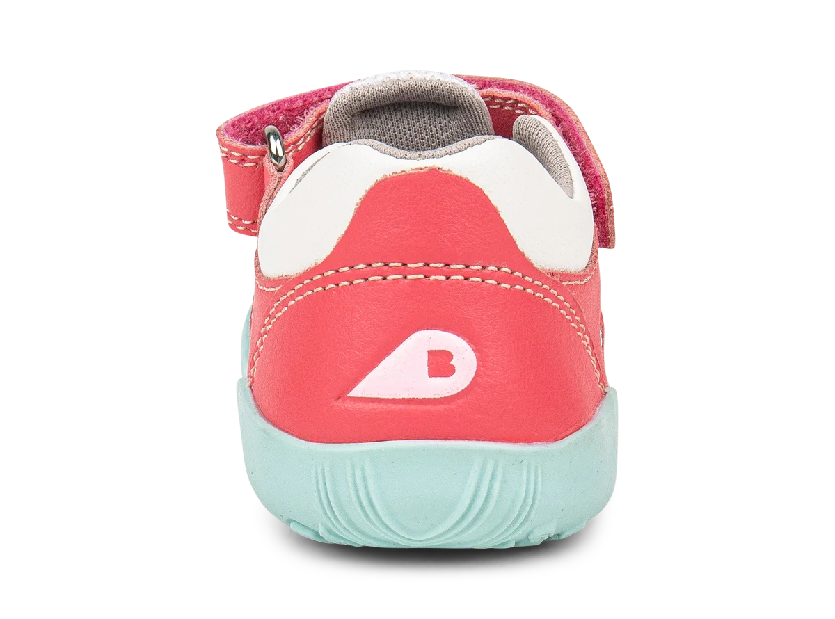A girls closed toe sandal by Bobux, style Summit,in pink leather/microfibre with pale blue sole and trim and velcro/elastic fastening. Back view.
