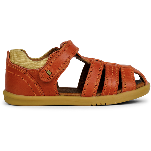 A boys closed toe sandal by Bobux,style Roam,in orange with velcro fastening. Right side view.