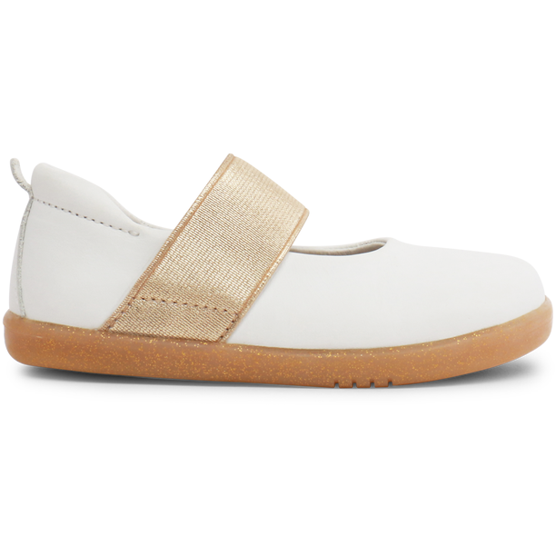 A girls shoe by Bobux, style Demi in white with gold elastic. Right side view.