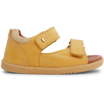 A boys open toe sandal by Bobux ,style Driftwood, in yellow with velcro fastening. Right side view.