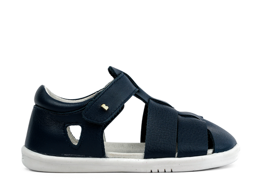 A boys closed toe sandal by Bobux,style Tidal, in Navy with velcro fastening. Right side view.