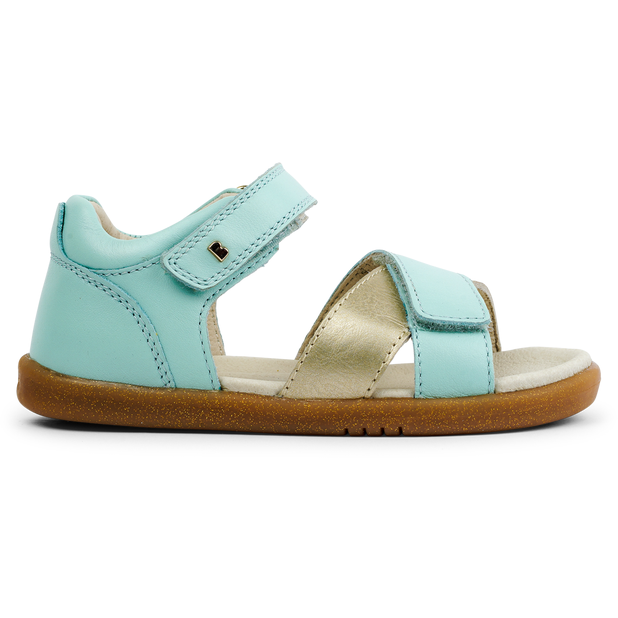 A girls open toe sandal by Bobux, style Sail, in mint and gold with velcro fastening. Right side view.