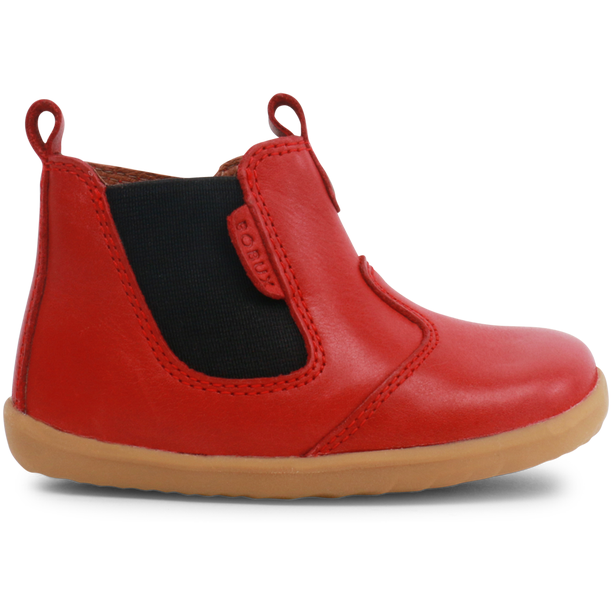 A girls Chelsea boot by Bobux, style Jodphur, in red with zip fastening. Right side view.